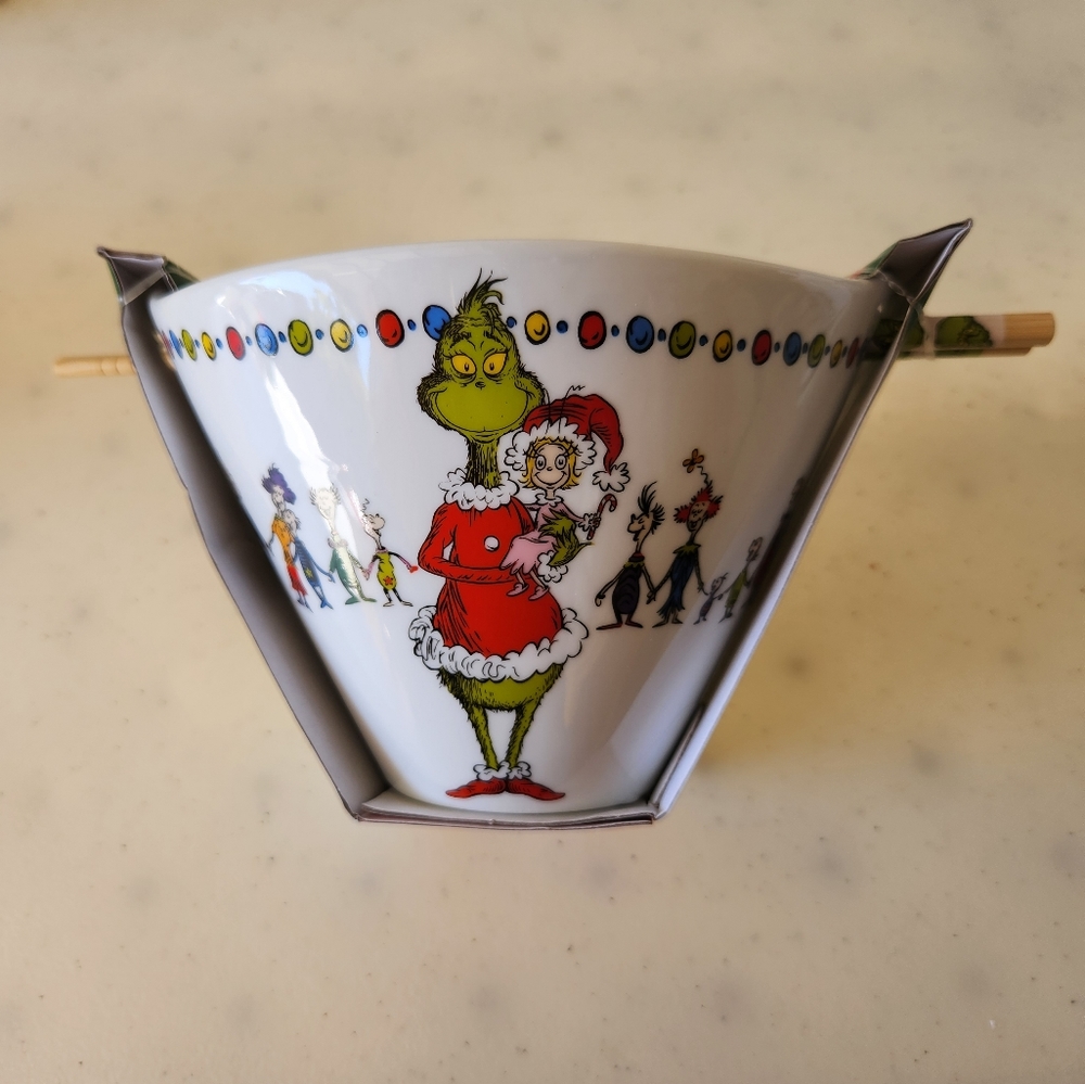 Grinch Ramen bowl with chopsticks.